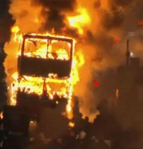 Double-decker bus burning