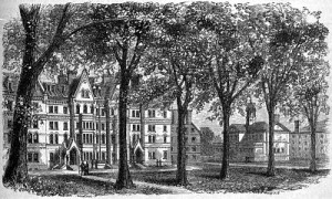 Woodcut of Harvard's Matthews Hall