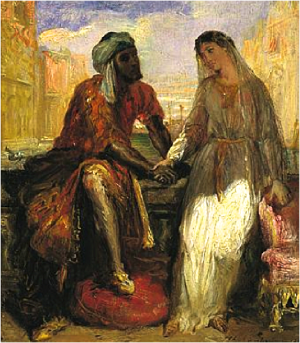 "The subject of intermarriage has also been a leitmotiv in literature over the centuries and later in cinema: Shakespeare’s Othello and Romeo and Juliet, Jane Austen’s Pride and Prejudice, D. W. Griffith’s Broken Blossoms, Robert Wise and Jerome Robbins’s West Side Story, Stanley Kramer’s Guess Who’s Coming to Dinner, Mira Nair’s Mississippi Masala, Mina Shum’s Double Happiness, Walt Disney’s Pocahontas, Ken Loach’s Ae Fond Kiss, Gurinder Chadha’s Bride and Prejudice, Nia Vardalos’s My Big Fat Greek Wedding, and Amma Asante’s Belle, among many other examples." A painting from the 1800s by  Théodore Chassériau of Othello and Desdemona.