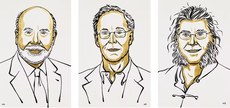 Three drawings showing the faces of Ben Bernanke, Douglas Diamond and Philip Dybvig