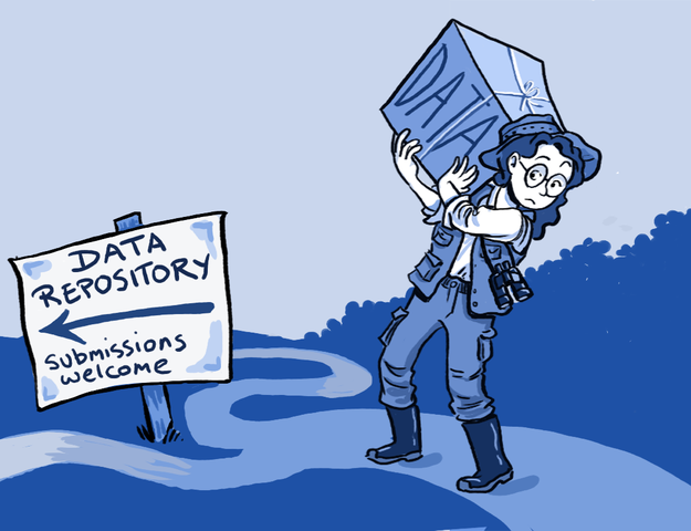 An explorer carrying a large data box to a sign pointing at a data repository