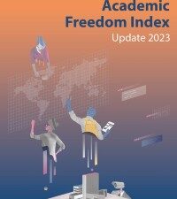 Cover of the 2023 Academic Freedom Index showing disembodied scholars pointing at world map