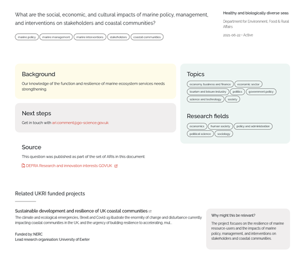 Image shows a screenshot showing how the database links ARIs to UKRI funded research projects.