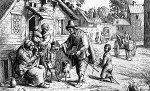 A spectavcle pedlar shows wares to old woman