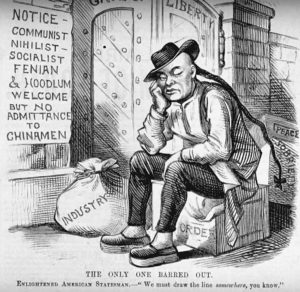 Cartoon showing anti-Asian policies from 1882