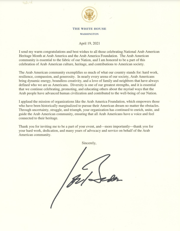 Joe Biden letter recognizing National Arab American Heritage Month