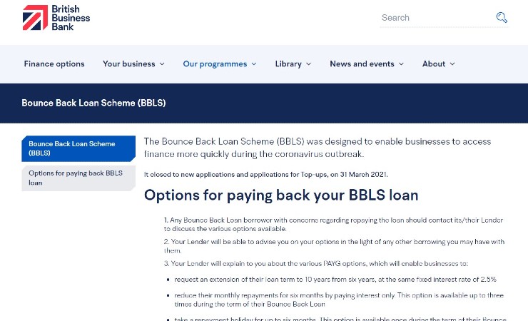Bounce Back Loan landing page from the British Business bank
