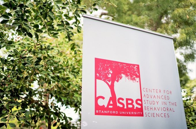 Standup banner for CASBS amid trees