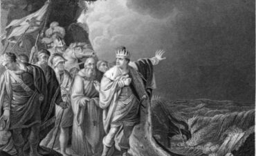 Engraving of king in robes with his retinue ordering waves without success