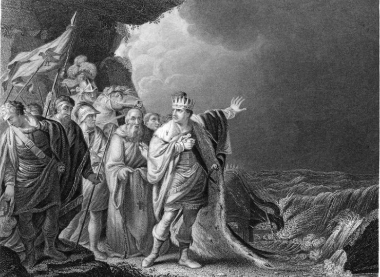 Engraving from 1848 showing king Canute gesturing toward waves on stormy day while reproving his retinue