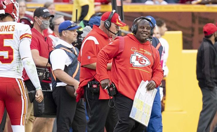 Eric Bieniemy shown on the field during a game in October