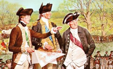 Two American Revolutionary War generals and a younger officer holding a map survey terrain