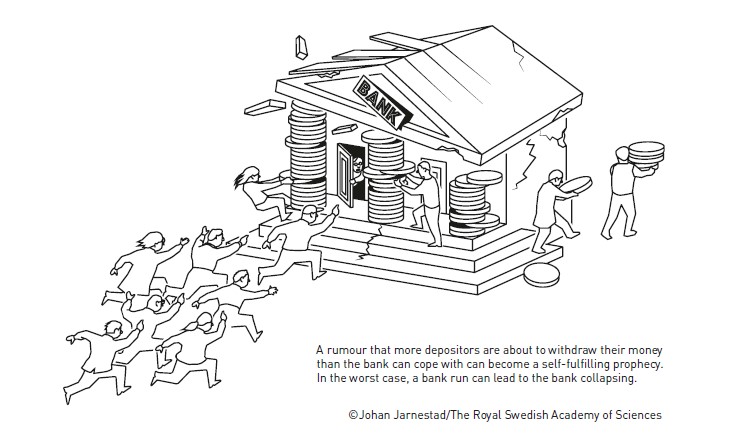 Drawing showing figures running into collapsing building and leaving with giant coins used as the building's structure