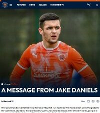 Screenshot of the Blackpool FC website bearing Jake daniels picture and message