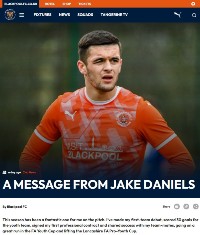 Screenshot of the Blackpool FC website bearing Jake daniels picture and message