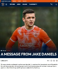 Screenshot of the Blackpool FC website bearing Jake Daniels picture and message