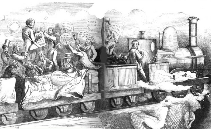 A woodcut from 1867 shows a locomotive labeled “Speculation” heads over a cliff while passengers with bubbles marked “miscellaneous stock,” “Smashem Railway Company,” “Grand Hotel Limited,” “Mining Company,” and “the Philly Financial Company,” don’t notice. One bubble bearing the word “obligations” floats free in the air with various bank notes, and no one pays any attention.