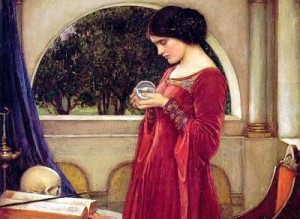 Painting of women looking at crystal ball