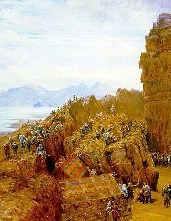 Painting showing gathering of men standing among rocks on a rugged seashore