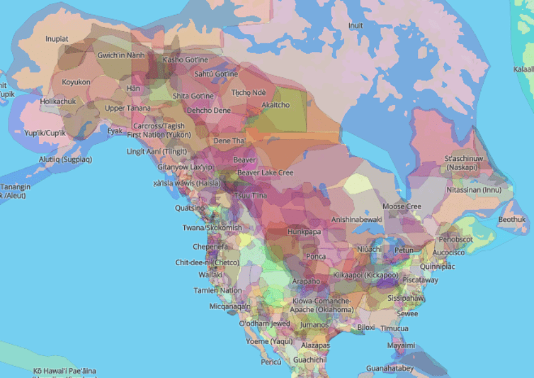 Map showing color-coded areas inhabited by indigenous peoples