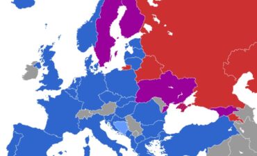 Map of Europe showing countries in NATO, those wanting to join, those without an interest, and Russia, Belarus and Armenia