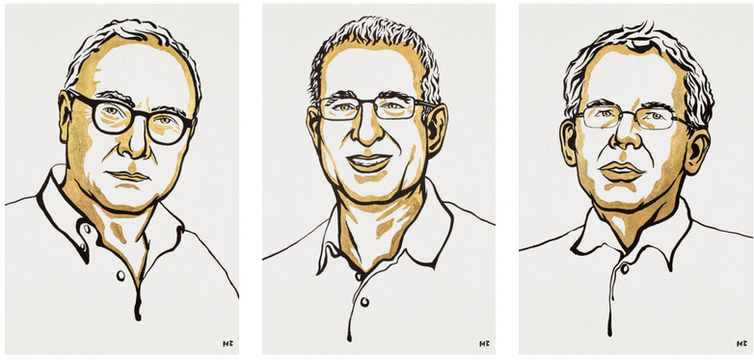 Line drawings of three Nobel Prize winners in economics