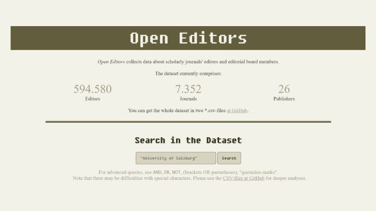 Screen capture of the Open Editors home page offering search options