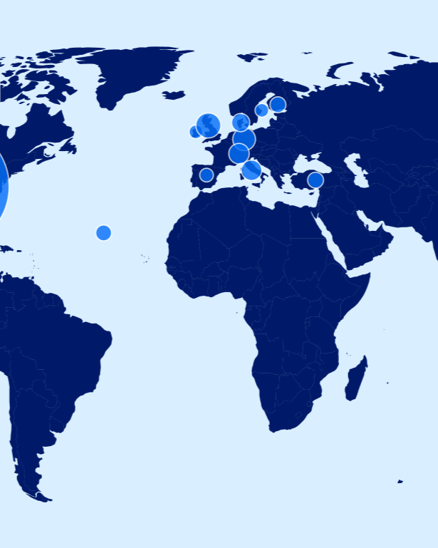 Outline of contents on map with large dots representing citations in various countries