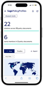 Screenshot of the Sage Policy Profiles interface on mobile, showing an example results page with text and a map of results. Text reads: 22 citations across 12 policy documents, 6 mentions in 2 policy documents.