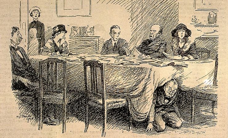 Punch cartoon of man hiding under table when nurse calls his name in dentist waiting room