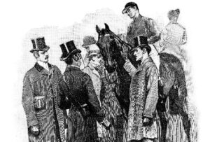 Illustration by Sidney Paget off Sherlock Holmes talking to men with his hand on the horse Silver Blaze's neck