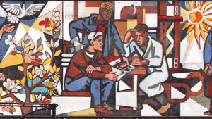 Detail of mural showing two workers and man in lab coat working at table