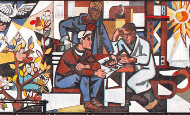 Detail of mural showing two workers and man in lab coat working at table