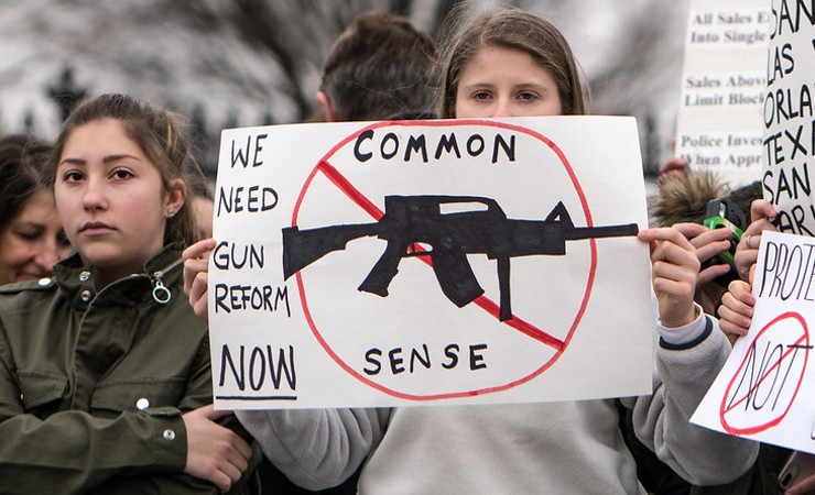 Young woman holds up sign that has red line through silhouette of assault rifle and words 'common sense'
