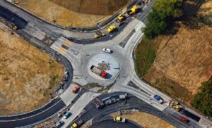 Aerial view of a traffic circle under construction