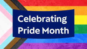 Celebrating pride Month banner against rainbow backdrop