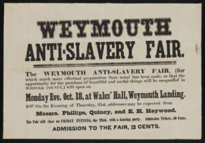 Leaflet from pre-Civil War Massachusetts advertising anti-slavery fair