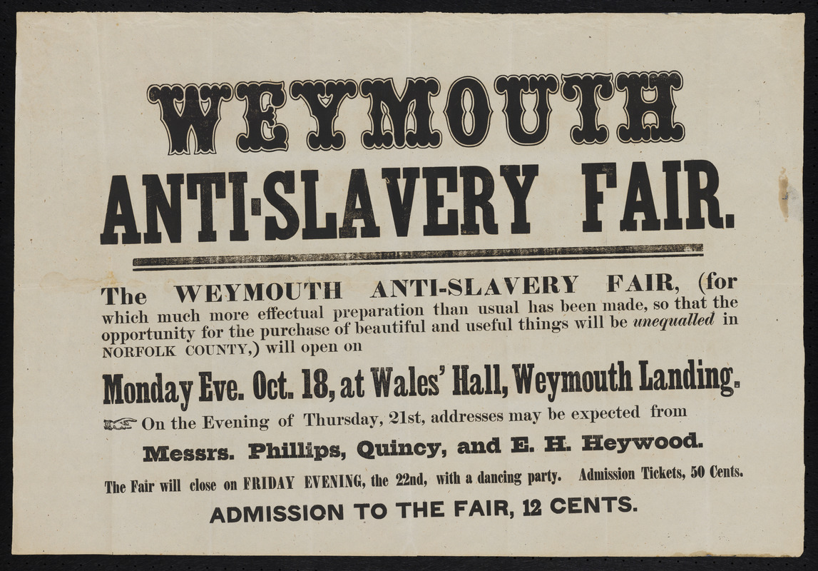 Leaflet from pre-Civil War Massachusetts advertising anti-slavery fair