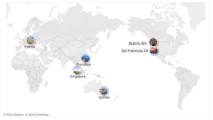 World map with pins at Shenzen, Singapore, Sydney, San Francisco, Puget Sound (Seattle) and Vienna
