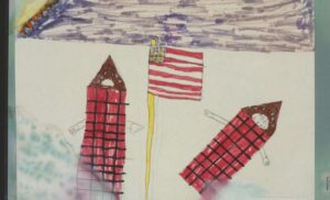 Child's drawing of a tower with hands falling