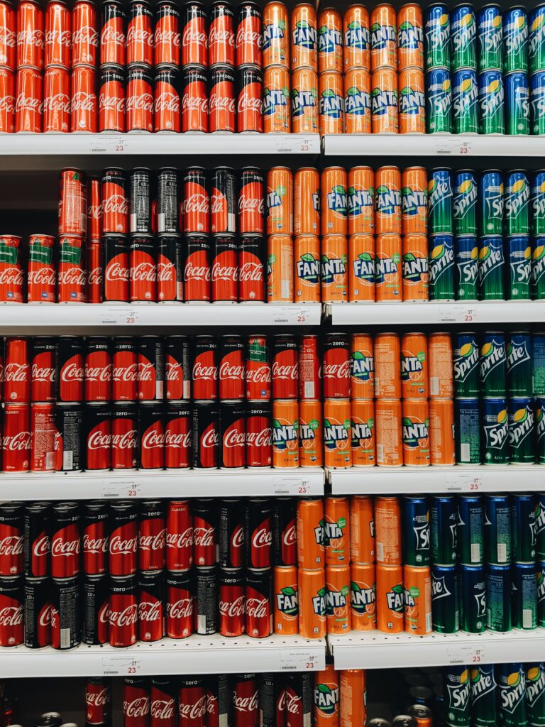 Display of various soda brands.