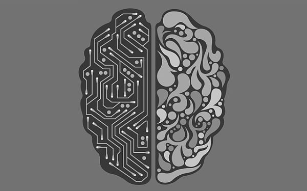 Black and white drawing of brain with one side organic and the other a circuit board