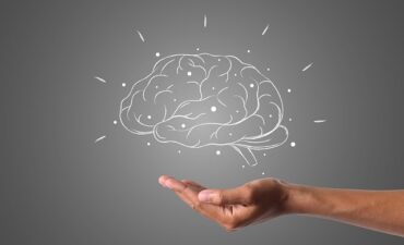 Hand holds an image of the brain.