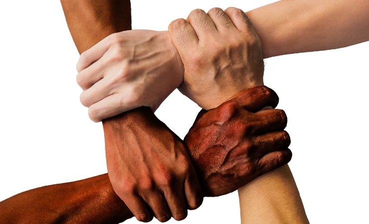 Four hands grasping each other's wrists in sign of unity and strength