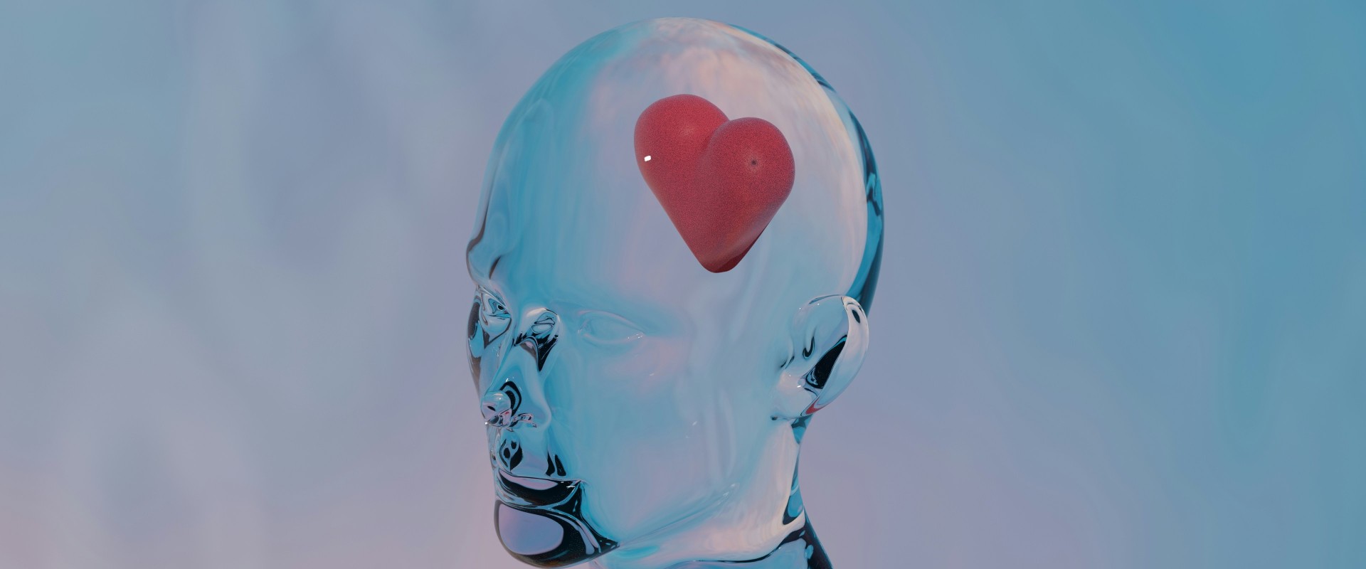 A red heart occupies the area where the brain would be in a crystal depiction of a human head