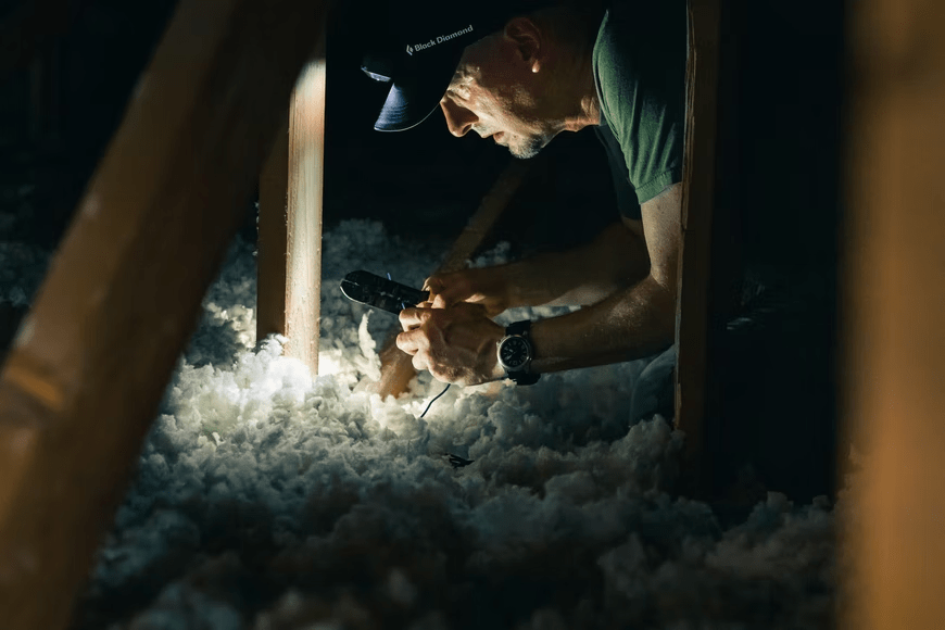 Man in cramped attic working of wiring