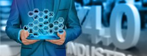 Man holds tablet with many icons representing jobs or fields of research coming out of tablet.