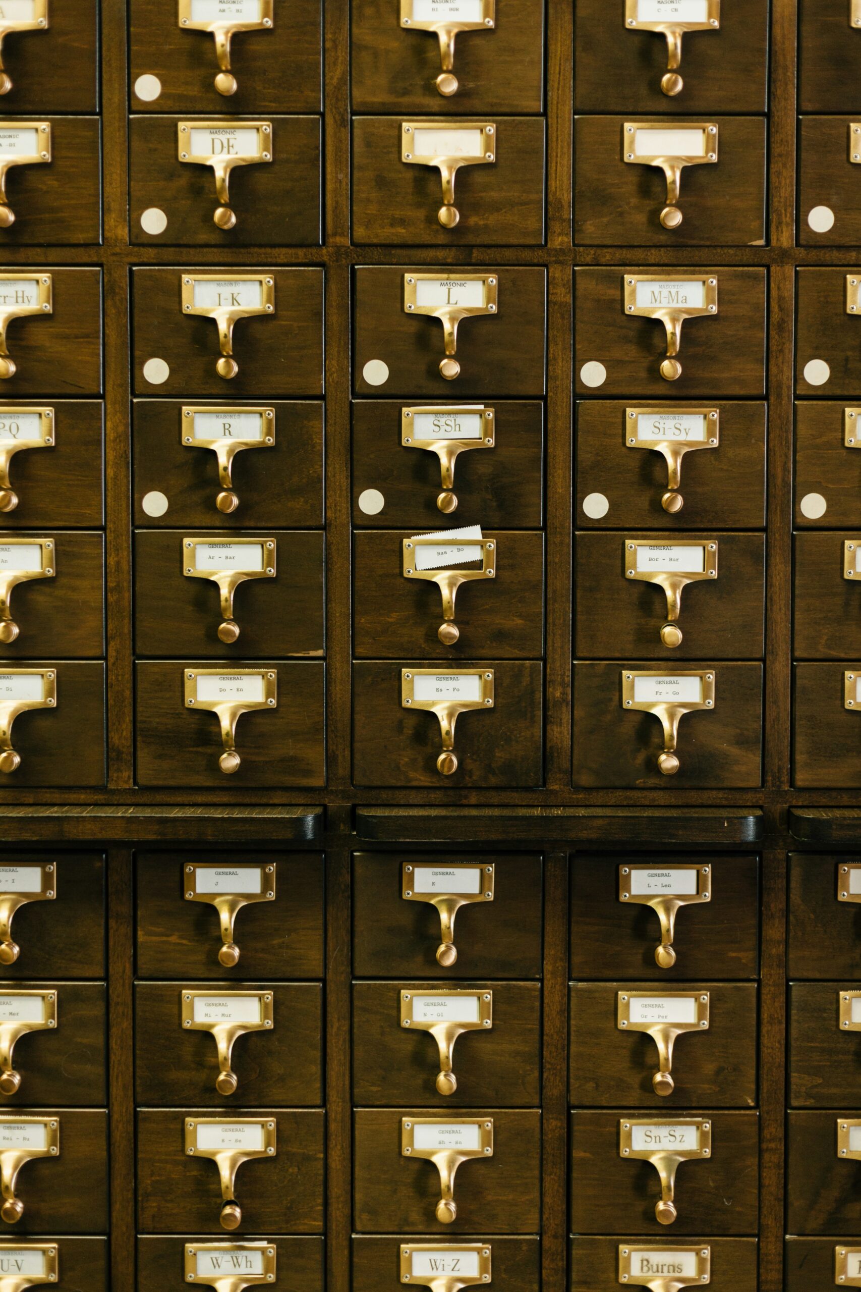 Old system of drawers holding library cards