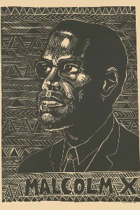 Woodcut-style poster of Malcolm X