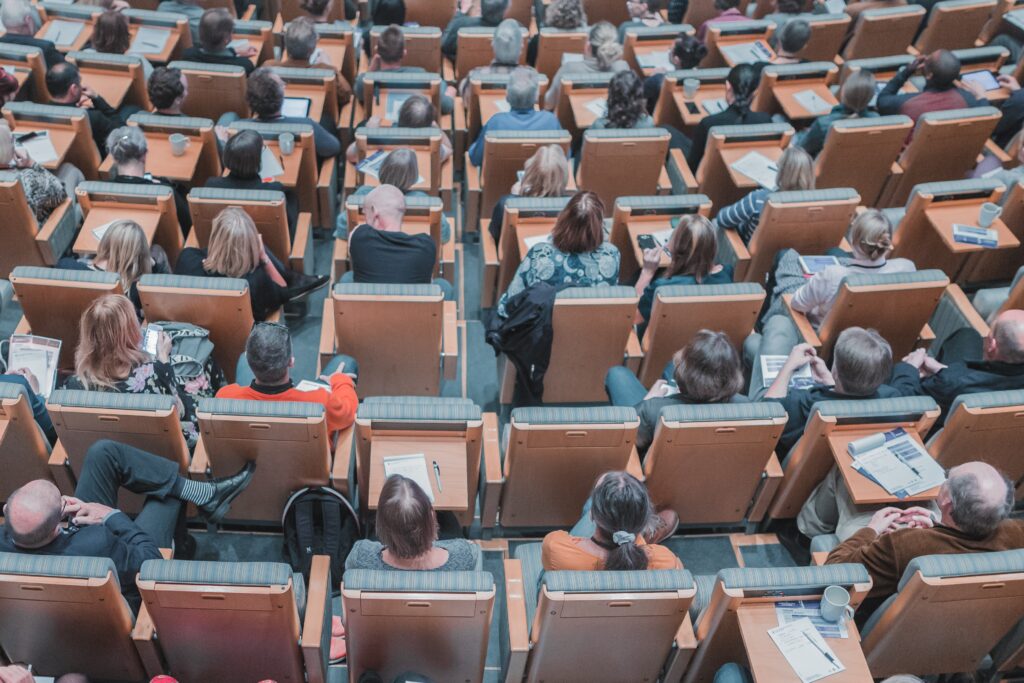 Students fill all the seats in a lecture hall